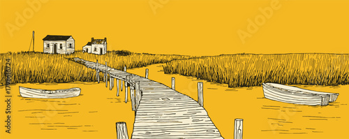 The image is a drawing of a dock with a house and a boat in the water. Scene is calm and tranquil, as the scene depicts a peaceful