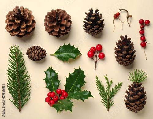 Assorted natural elements arranged pinecones, holly with berries, fir branches, and twig sprigs