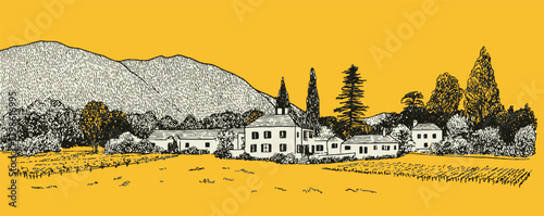 A yellow and white drawing of a house and a mountain. The house is surrounded by trees and the mountain is in the background