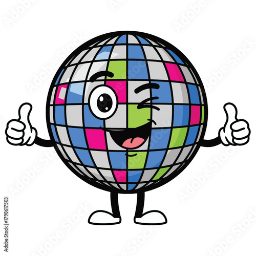 A cartoon disco ball character with a winking eye and thumbs up.
