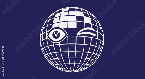 White grid globe with stylized open eye and winking eye on a dark blue background, representing global vision and communication.