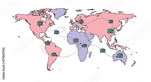 World Travel Photography Route Illustration with Cameras and Dotted Lines Connecting Continents, Vector Map of Global Journey and Adventure