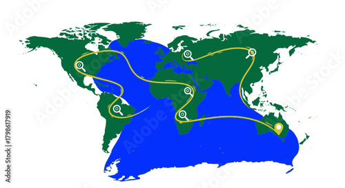 World Route Map Vector Illustration with Destinations Highlighted, Global Travel Itinerary Design Concept, Trip Planning and Navigation in Vector Style