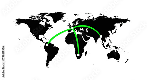 Global Network Connection World Map Illustration, Green Routes Connecting Countries, International Business, Communication, Travel, and Technology Concept