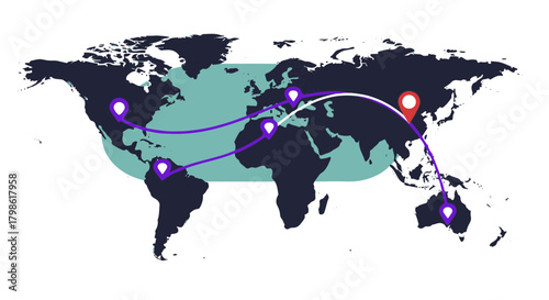 World map infographic with location pins and travel route line, global network connection vector illustration design, international business