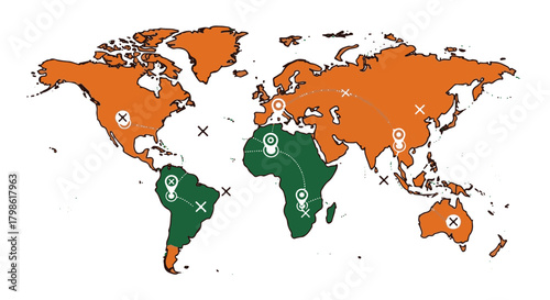 World map illustration with travel routes and destination markers, vector design for global business and adventure planning, geography