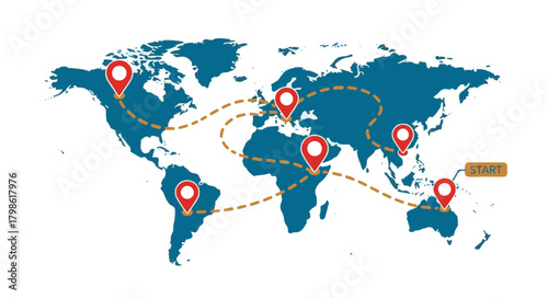 World map illustration with travel route path markers, journey around the world concept, adventure vacation design, vector style world destinations