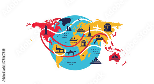 World travel map illustration with famous landmarks and tourist attractions route vector concept design for international tourism promotion poster