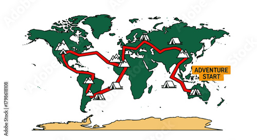 Global Adventure Route Illustration with World Map and Adventure Start Point, Travel and Exploration themed vector design