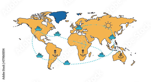 World map illustration with ships and global trade routes, vector style, international shipping and logistics concept, perfect for presentations