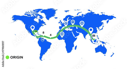 Global Shipping Route Illustration with Destination Markers and Green Travel Path across World Map, Logistics and Transportation Concept