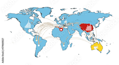 Global Trade Network Illustration: Interconnected World Map with Data Flows and Economic Indicators, Visualizing International Commerce & Global Business