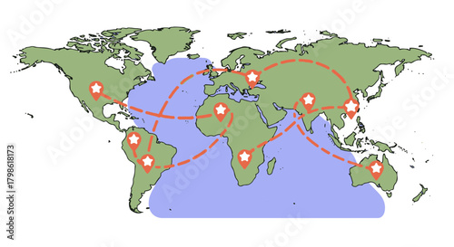 World Map with Global Connections Illustration: Linking Continents with Star Locations and Dotted Lines, Representing International Network