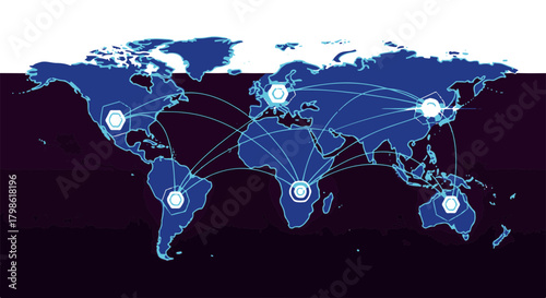 Global network illustration with light blue connections and hubs over world map on dark background, promoting international digital communication