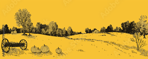A yellow background with a wagon and pumpkins in the foreground. The scene is peaceful and serene, with the wagon