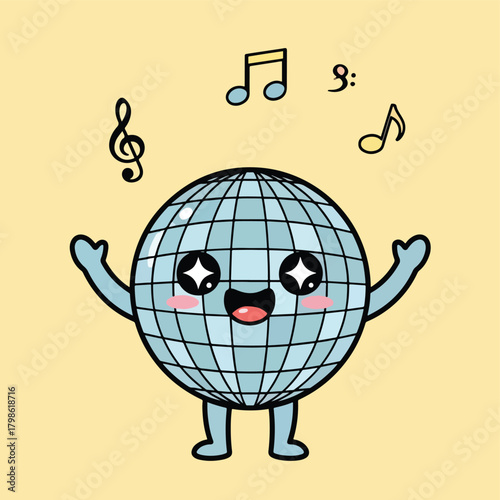 A cute kawaii disco ball character with a happy face and music notes floating above its head.