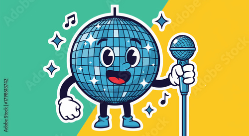 A retro-style cartoon disco ball with arms and legs holding a microphone, surrounded by musical notes and sparkles.