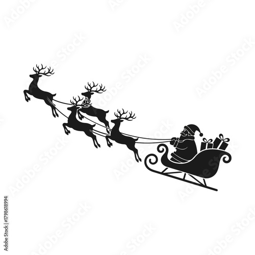 Santa Claus Riding Sleigh Pulled by Reindeer Silhouette Delivering Gifts on Christmas Eve Night