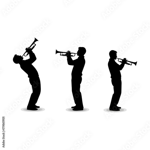 Silhouette of a jazz musician playing the trumpet with expressive poses and shadow effects against a white background