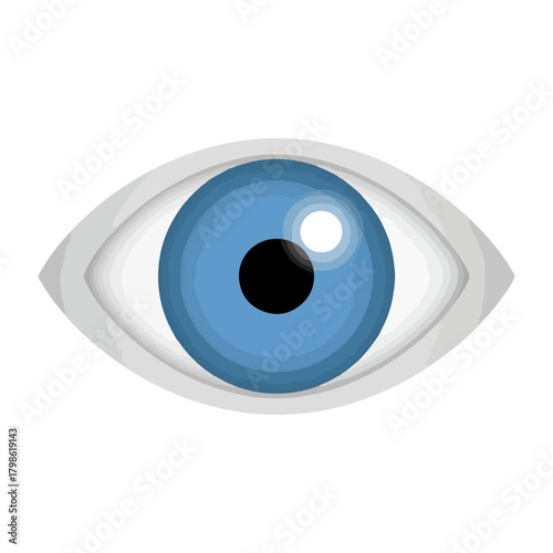 A Realistic Blue Eye Iris with Black Pupil and White Reflection, Close Up Detailed View of Human Sight Organ