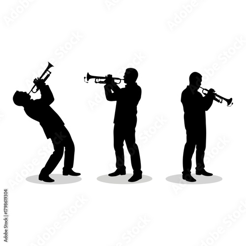 Three Silhouette Jazz Musicians Playing Trumpets Performing Energetically on a White Background with Subtle Shadows