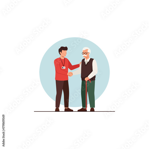 Young man with ID badge shaking hands with an elderly man holding a walking stick, representing caregiving and support services.