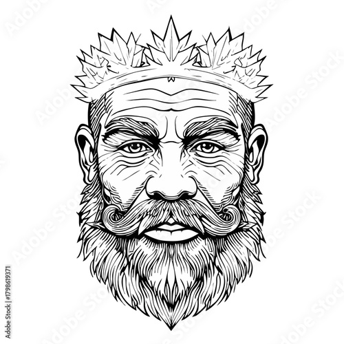 Royal Portrait: A detailed monochrome illustration of a regal figure, adorned with a crown and a distinguished beard, embodying authority and nobility.