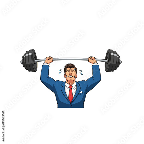 Stressed businessman straining to lift heavy barbell overhead depicting immense pressure and challenging work overload and difficult business goals
