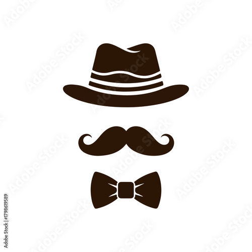 Gentleman's Accessories Set A Classic Fedora Hat A Sophisticated Moustache And A Dapper Bow Tie Emblem