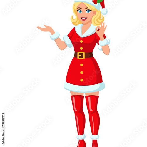Cute cartoon blonde woman wearing a Santa Claus costume, white fur trim, red dress, hat, and boots, Christmas celebration theme