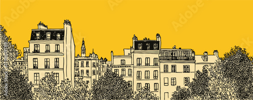 The image is a drawing of a cityscape with tall buildings and a tree. The buildings are yellow and black, and the tree is in the foreground