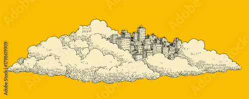 A city is shown in the clouds, with buildings and a skyline. The clouds are white and fluffy. Scene is one of chaos and uncertainty