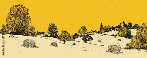 A yellow and brown drawing of a rural landscape with a few houses and a few cows. The cows are grazing in the field