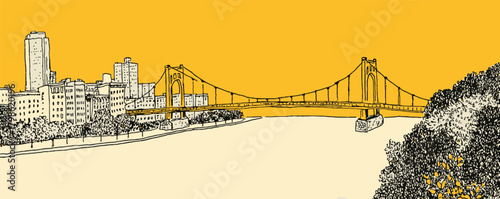 A cityscape with a bridge in the middle of the river. The bridge is large and spans across the river. The city is bustling with activity