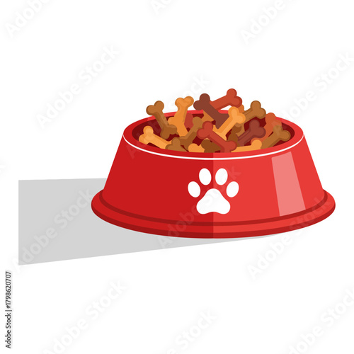 Red Dog Bowl Filled With Bone Shaped Treats and Paw Print Icon, Isolated on White Background, Studio Shot