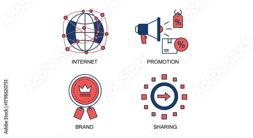 Vector illustration of four marketing icons internet, promotion, brand, and sharing