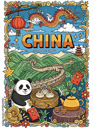 Explore vibrant China landmarks and culture with this illustrated travel poster featuring the Great Wall, a dragon, panda, and delicious dumplings