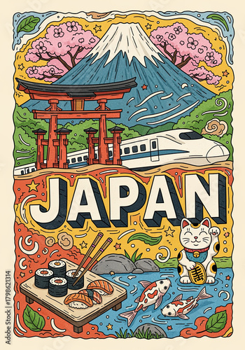 Explore vibrant Japan with iconic landmarks, delicious sushi, and serene koi ponds, perfect for travel enthusiasts and cultural promotion projects