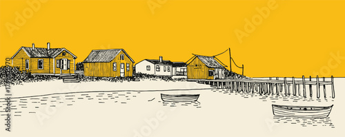 A yellow and white drawing of a beach with a pier and houses. The houses are small and the pier is long