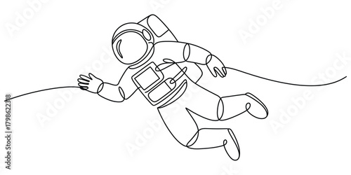 Continuous line drawing of astronaut floating in outer space
