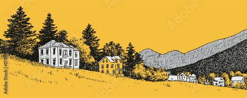 A yellow and brown drawing of a rural area with a house and trees. The house is on the left side of the drawing and the trees are on the right side
