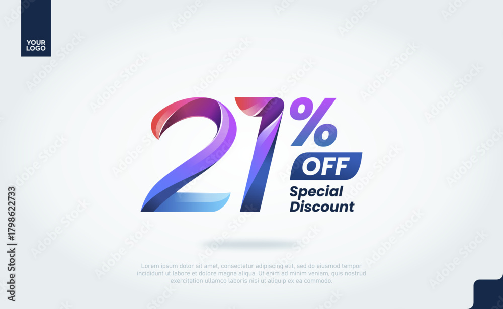 Fototapeta premium 21 Percent Discount Banner Template with Modern 3D Gradient Typography