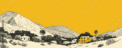 A yellow background with a mountain range in the background. A house is in the foreground. The house is yellow and has a white roof