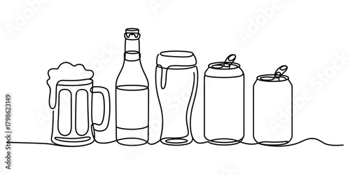 Continuous line art drawing of beer bottle, mug, glass, and cans