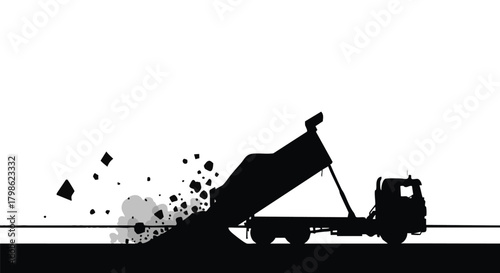 A silhouette of a dump truck unloading gravel onto a road, illustrating construction and transportation, with a minimalist aesthetic.