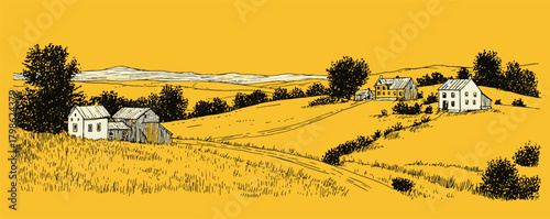 A yellow and brown drawing of a rural landscape with a few houses and a barn. The houses are spread out across the field