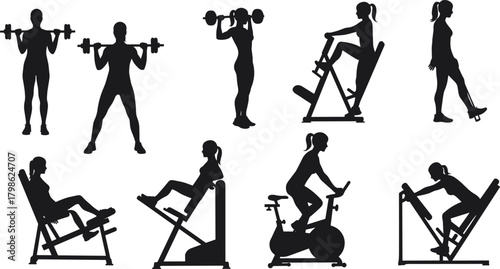 Fitness workout silhouettes, gym exercise illustration, people training with equipment, weightlifting and cycling activities, healthy lifestyle vector, fitness woman and man exercising set