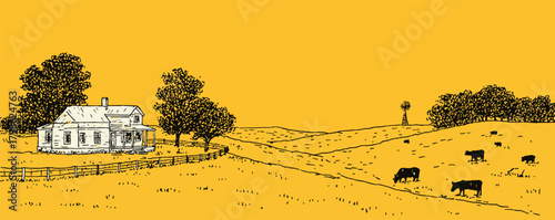 A yellow background with a house and a few cows. The house is in the foreground and the cows are grazing in the background