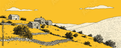 A yellow and white drawing of a rural landscape with a house and a barn. The sky is cloudy and the sun is setting