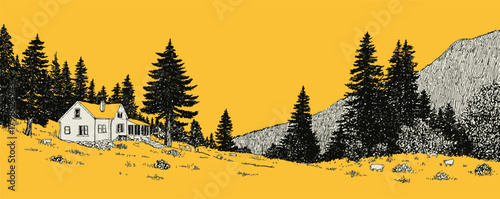 A yellow background with a house and trees. The house is small and has a porch. The trees are tall and spread out across the background